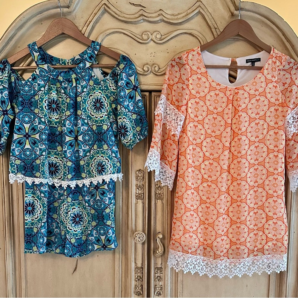 Sequin Hearts (Girls L) Blue Romper and Peach Dress with Lace Trim (bundle $18)
